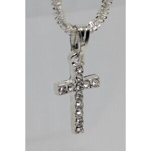 New Small Silver-Plated Cross Necklace with CZ Stones 17-18 Inches Adjustable